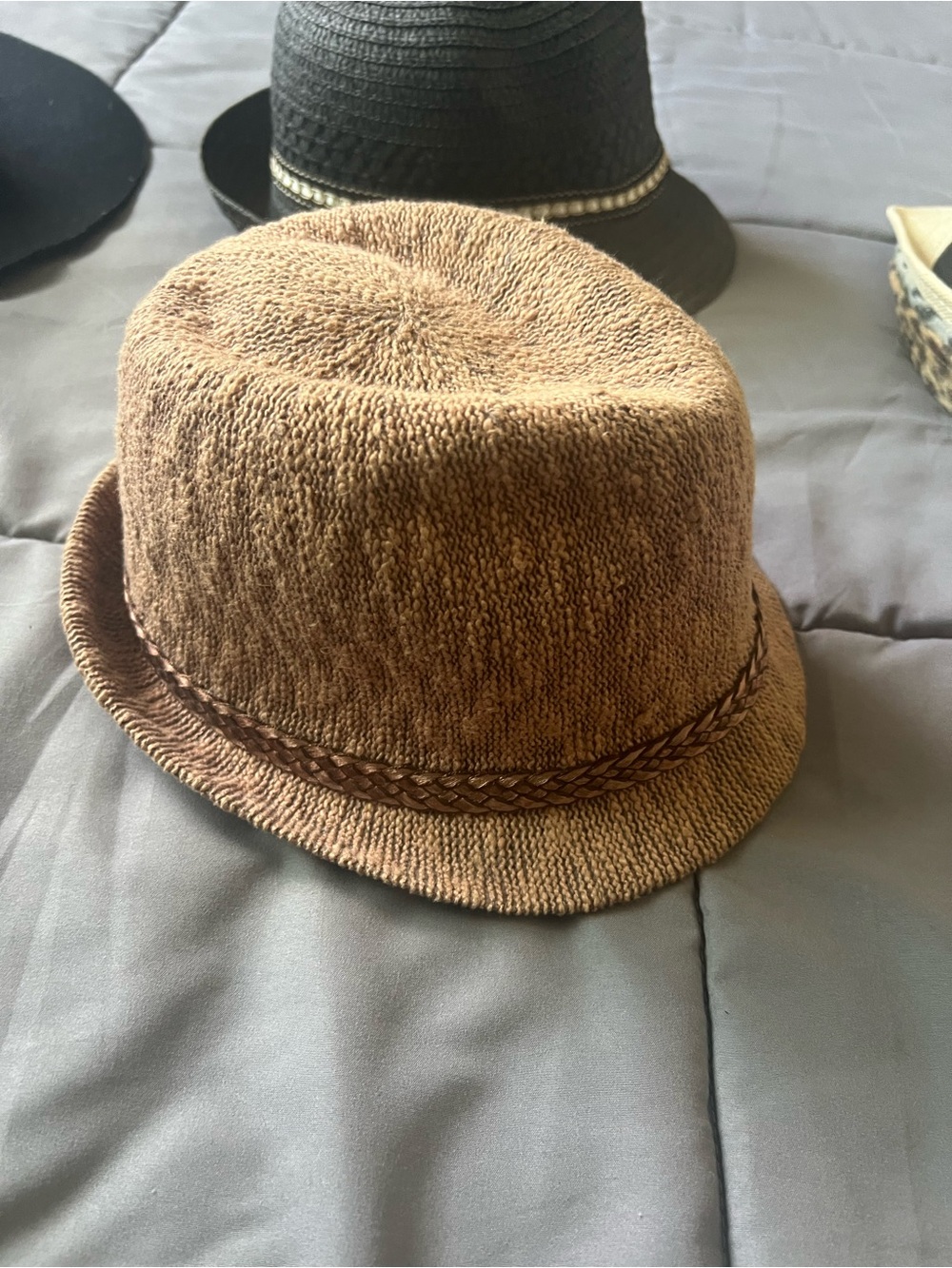 Brown Braided Band Knit Fedora Hat
